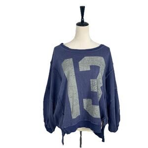 We The Free People Camden Oversized Sweatshirt Graphic Boho Navy Blue #31 Medium